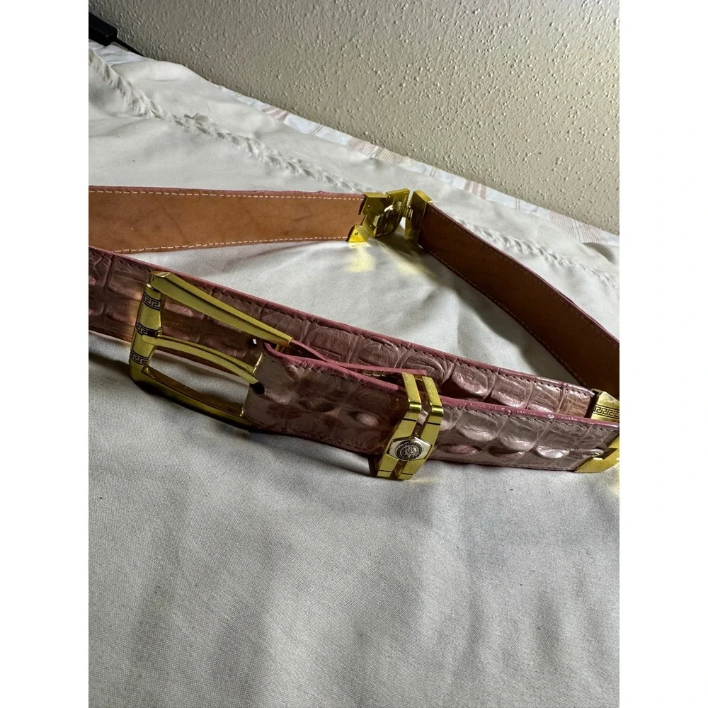 Versace Style Pink Crocodile Embossed Leather Belt Gold Medusa Greek Key Buckle